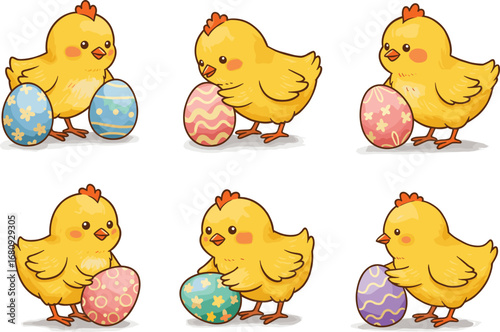 Cute Easter chicks with colorful decorated eggs, spring holiday illustration, adorable cartoon chickens, festive design, celebration, seasonal artwork