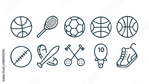 Sports equipment icons basketball tennis racket