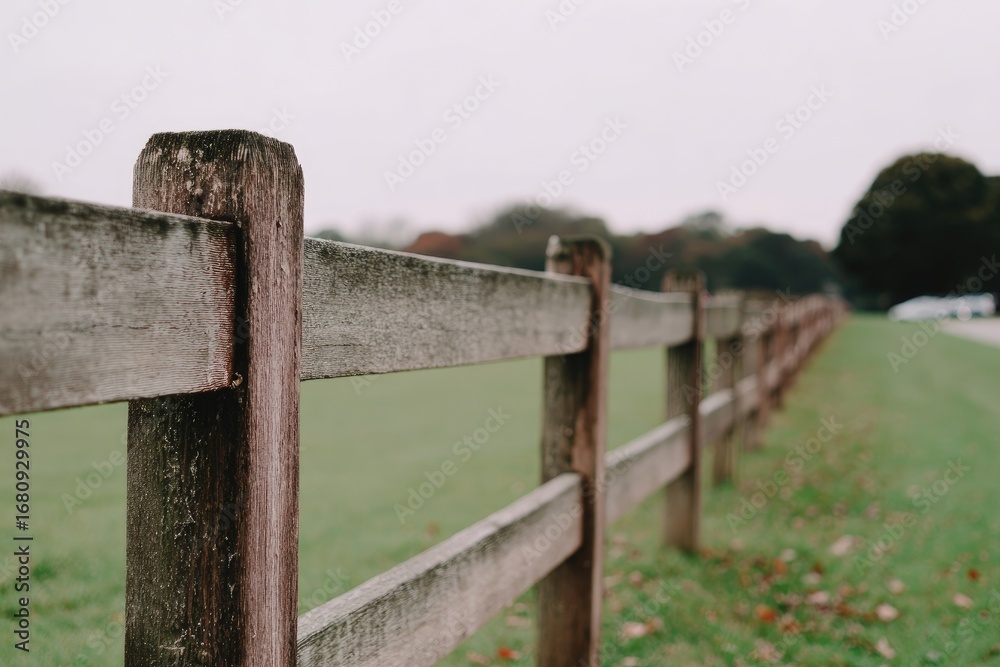 Fototapeta premium Weathered wooden fence stretches into a blurry landscape