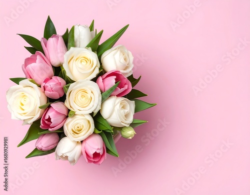Overhead view of pink & white roses and tulips
