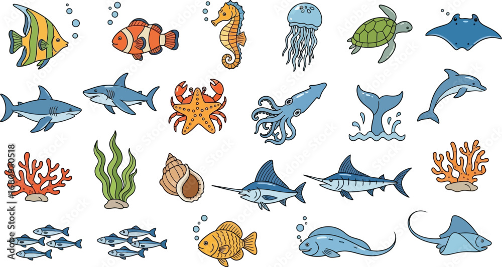 Obraz premium Colorful collection of hand drawn sea animals and marine life icons.