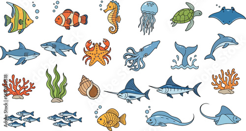 Colorful collection of hand drawn sea animals and marine life icons.