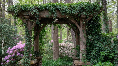 A rustic wooden arbor covered in lush green ivy, leading into a serene garden with blooming pink azaleas.