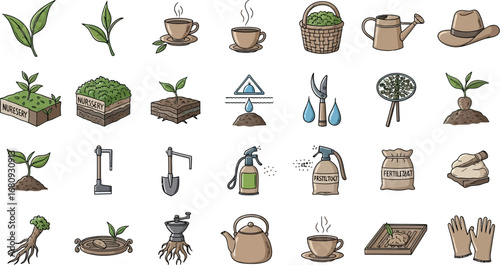 Gardening and tea cultivation hand drawn doodle icon set.
