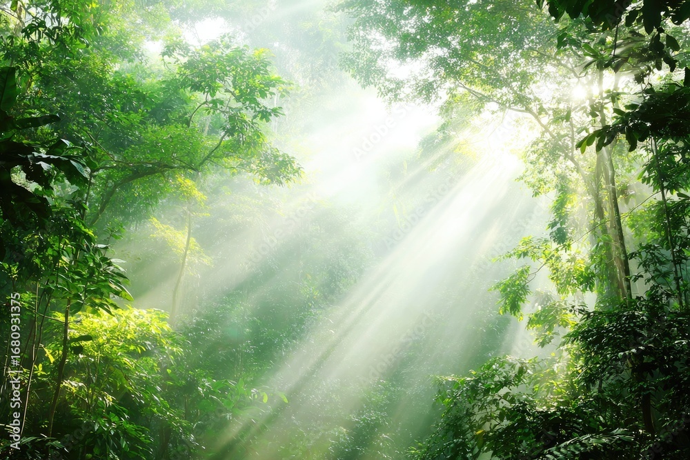 Obraz premium Sunlight streams through dense jungle foliage (1)