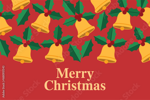 Festive golden bells and holly leaves adorn a vibrant red background with a "Merry Christmas" greeting.