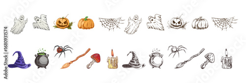 Hand drawn vintage halloween set with witch hat, cauldron, broom, pumpkins, ghosts, spider webs and spooky decor