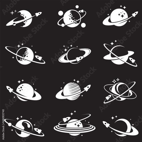 collection of planet saturn with rocket isolated on black background