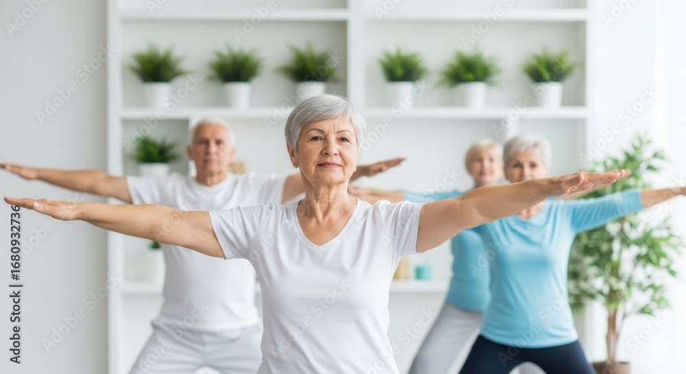Obraz premium Seniors practicing yoga and stretching in a bright, modern studio