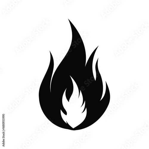 Stylized flame illustration with black and white contrast aesthetic appeal, single flame icon silhouette vector illustration