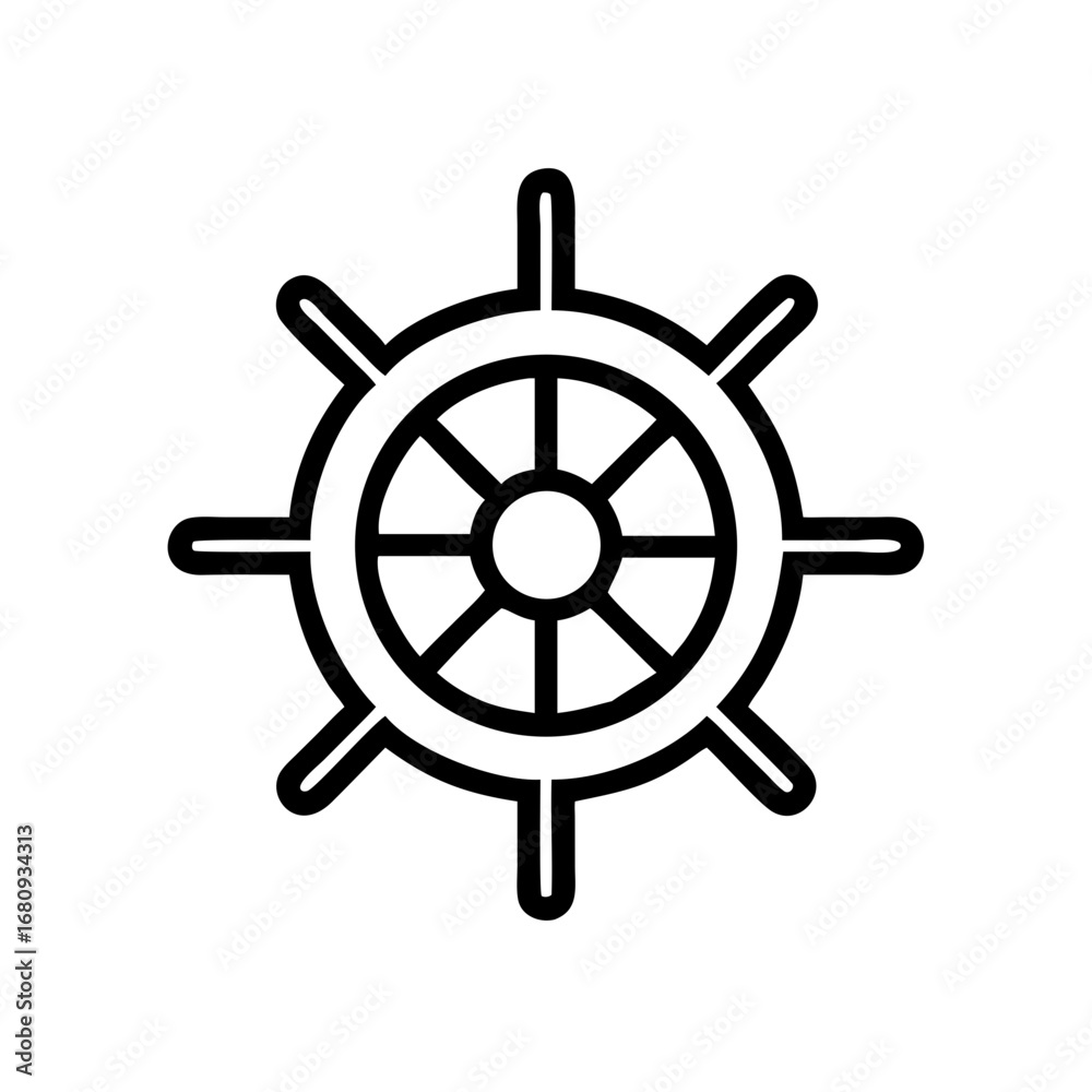 Obraz premium Black and white ship wheel icon with eight spokes, symbolizing navigation, control, and maritime themes. Nautical, sailing, guidance, leadership. 