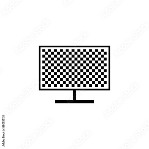 Black and white graphic icon of a computer monitor displaying a checkerboard pattern, centered on a white background.