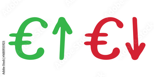 Hand drawn euro currency symbol Growth and fall profit with arrow up and down Brush stroke doodle Element for design