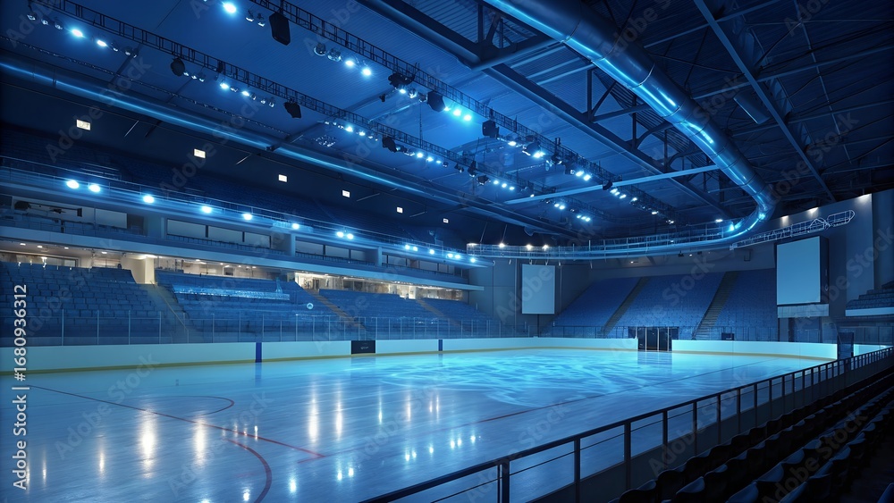 Fototapeta premium Empty ice rink with cool blue lighting, highlighting the serene atmosphere of the arena.