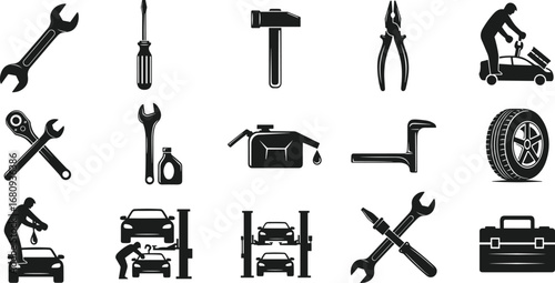 Car repair tools, mechanic icons, vehicle maintenance, wrench, screwdriver, hammer, oil can, tire, car lift, toolbox, automotive service