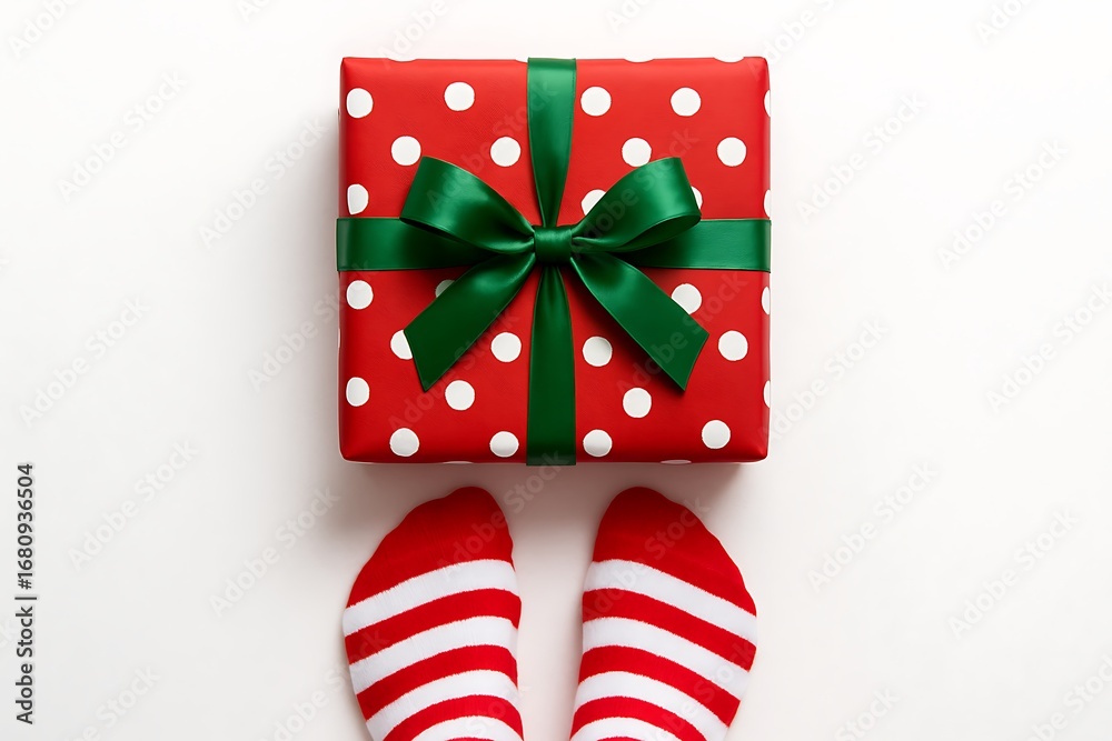 Obraz premium Red gift box wrapped in green ribbon with polka dots sits on white surface with striped socks