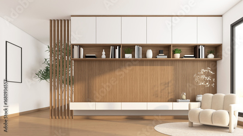 Modern Japanese-style living room with built-in TV cabinet and bookshelf. wooden slat wall and white polished concrete wall, armchair and rug. 3d rendering