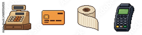 Pixel art of shopping essentials including cash register credit card receipt and payment terminal for Black Friday sales festival