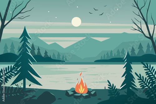 a serene night scene with moonlight over mountains and campfire