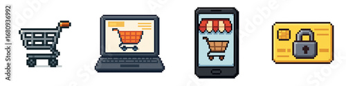 Pixel art shopping icons show sales essentials with black Friday festival theme and secure payment concept