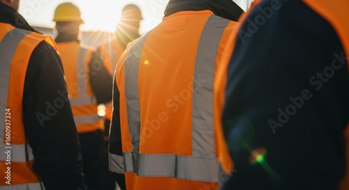 Construction workers in orange safety vests, backs to the camera, in sunlight.