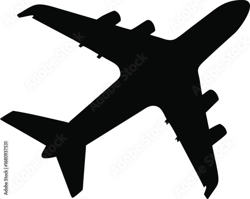 Bold black silhouette of a modern passenger jet airplane flying through the sky above silhouette