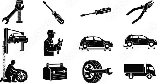 Car repair service icons, mechanic tools, vehicle maintenance, wrench, screwdriver, tire change, toolbox, car lift, automotive repair, mechanic worker silhouette