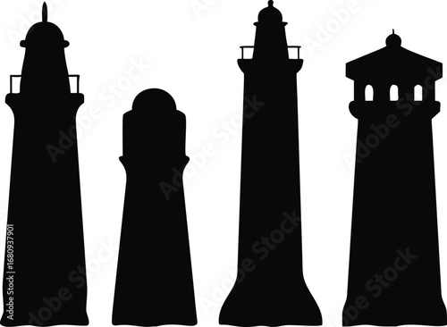 Collection of four distinct black lighthouse silhouettes standing tall against a white backdrop maritime coastal guidance structures silhouette