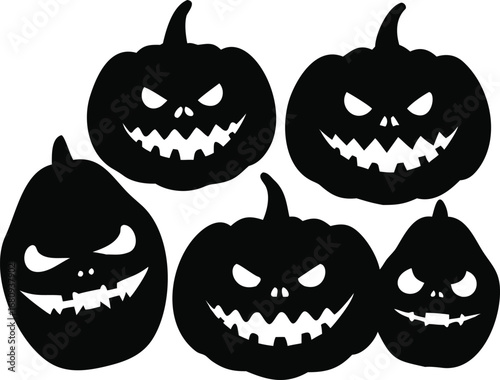 Five spooky black silhouette jack-o'-lanterns with differing scary faces for halloween celebrations and decorations silhouette