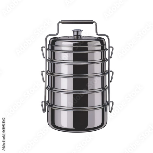 Stainless steel tiffin carrier isolated on transparent background for food storage