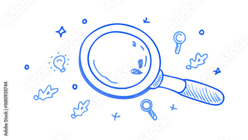 Blue doodle magnifying glass with scattered elements