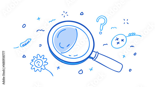 Blue doodle magnifying glass with whimsical elements