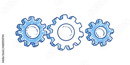Blue gears interlocking doodle illustration