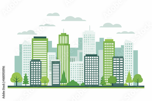 city skyline with modern buildings green trees and blue sky