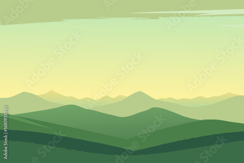a serene landscape with rolling green hills under a calm sky