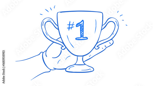 Blue trophy held by hand award first place