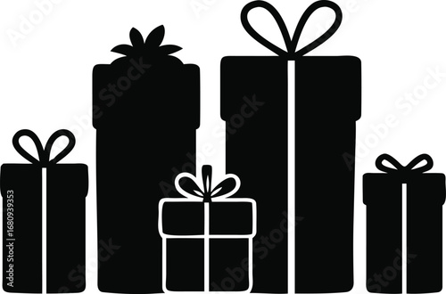Festive black silhouette of five wrapped gift boxes with ribbons and bows for celebrations and holidays silhouette