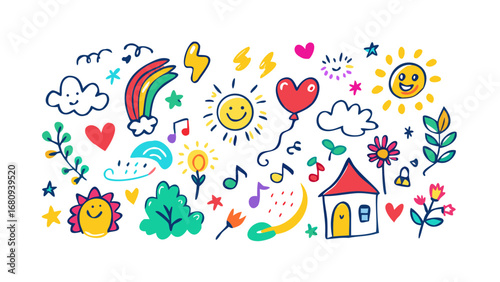 Cheerful doodle art with suns and rainbows illustration