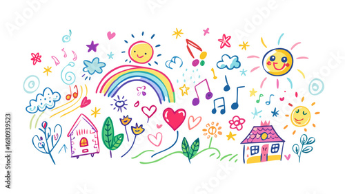 Cheerful doodle art with suns and houses children's art