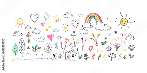 Cheerful doodle collection with house and rainbow illustration