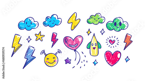 Cheerful doodle collection with clouds and lightning