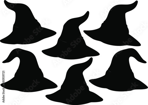 Collection of six black witch hats for halloween celebrations and spooky themed decorations silhouette