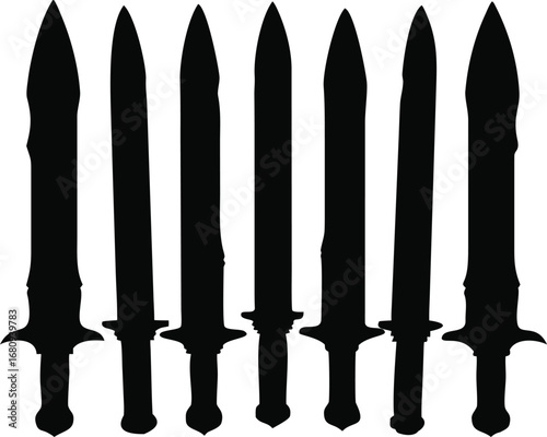 Collection of silhouetted medieval broadswords and swords for fantasy and gaming designs dramatic weapon assortment silhouette
