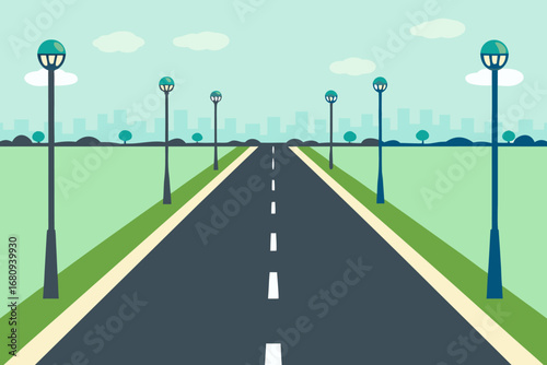 a long straight road lined with lamps and greenery