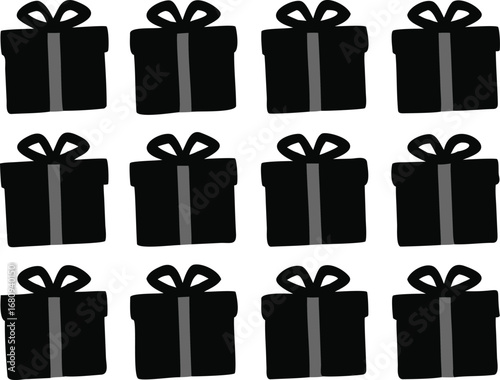 Grid of twelve identical black gift boxes with ribbons and bows creating a festive pattern for celebrations silhouette