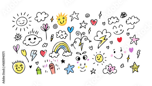 Cheerful doodles with sun hearts and rainbow hand drawn