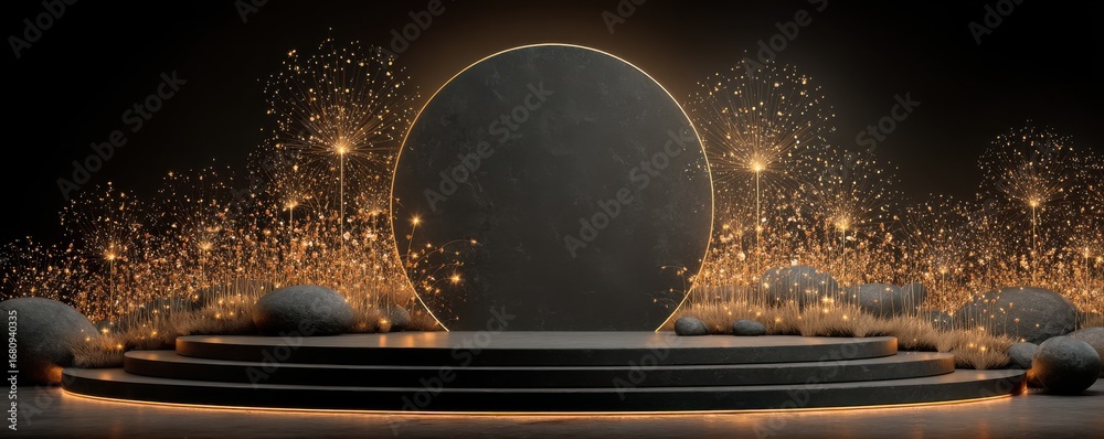 Obraz premium Elegant golden circular arch with artistic design and glowing lights