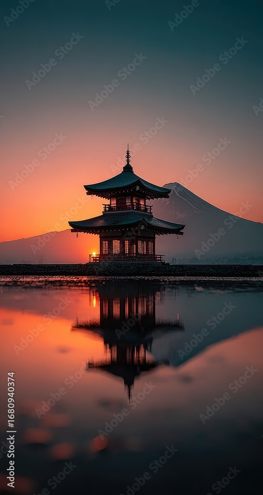 Obraz premium Sunrise pagoda reflection