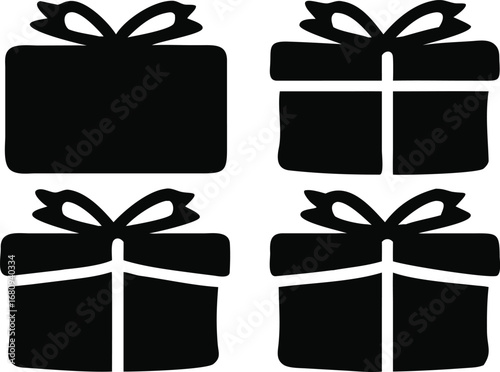 Four silhouette gift icons set with bows featuring simple ribbon wrapping for festive celebrations and presents collection silhouette