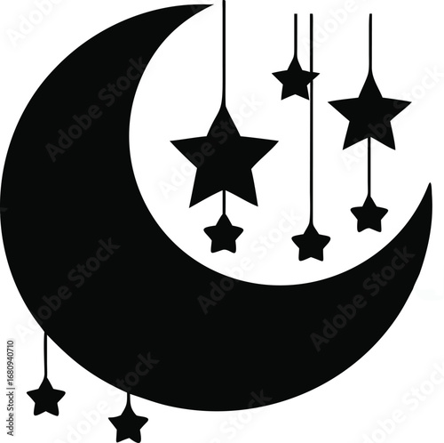 Celestial dreamscape crescent moon and shining stars decoration elements for night sky ambiance silhouette
